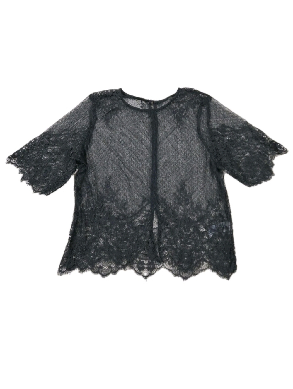 Sheer Black Lace Top Fringe Short Sleeve Button Up Back Whimsigoth Dark Coquette